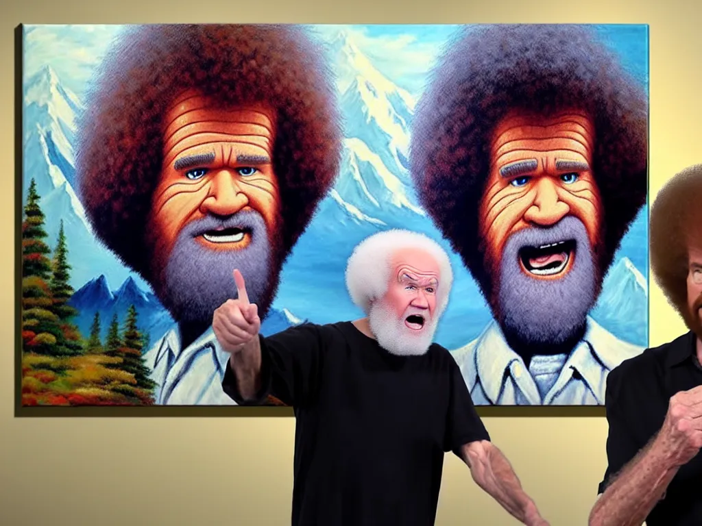 Image similar to old bob ross is sad and angry and yelling at a huge painting by bob ross