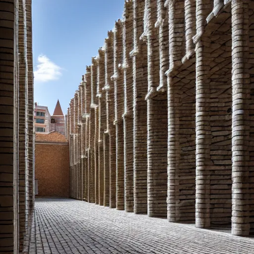 Image similar to courtyard of a monastary made of resursively stacked bricks, fusion of carlo scarpa and thomas heatherwick, architectural photography