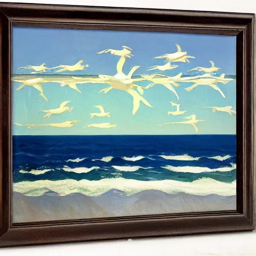 Prompt: white birds flying above the sea with big waves by Edward Hopper