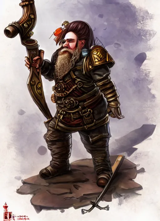 Prompt: a dwarf artificer holding a musket and riding on a steampunk robot, fantasy art, chinese fantasy, dungeons and dragons, tabletop rpg, ghostblade, wlop.