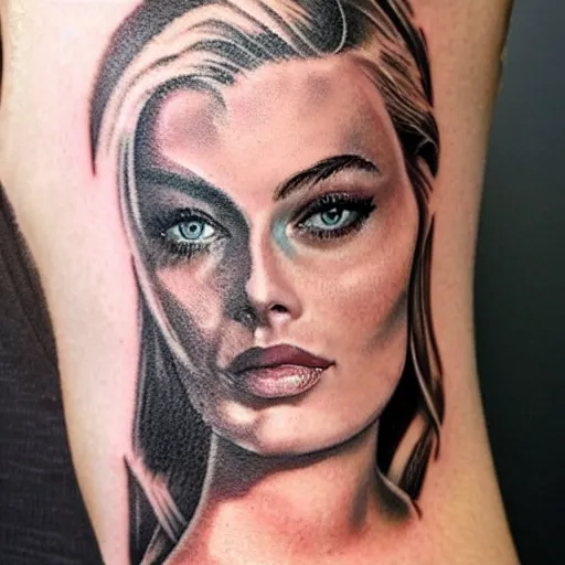 Image similar to face morph tattoo design of margot robbie with beautiful mountain scenery, in the style of arlo dicristina, amazing detail, mash up