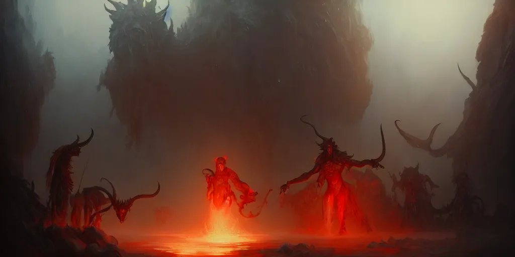 Prompt: the devil and his servants standing in hell where they torture other species, extremely detailed digital painting, in the style of fenghua zhong and ruan jia and jeremy lipking and peter mohrbacher, mystical colors, rim light, beautiful lighting, 8 k, stunning scene, raytracing, octane, trending on artstation