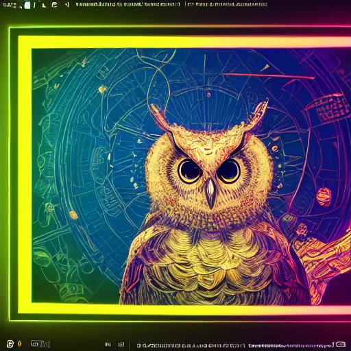 Image similar to the portrait of a smiling golden owl in the depths of the universe, an ultrafine hyperdetailed illustration by kim jung gi, irakli nadar, intricate linework, bright colors, octopath traveler, final fantasy, unreal engine 5 highly rendered, global illumination, radiant light, detailed and intricate environment, - w 9 6 0