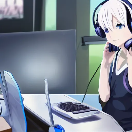 Image similar to anime girl, short white hair, blue eyes, wearing cat ear headphones, sitting at desk at keyboard, programming, pixiv, anime