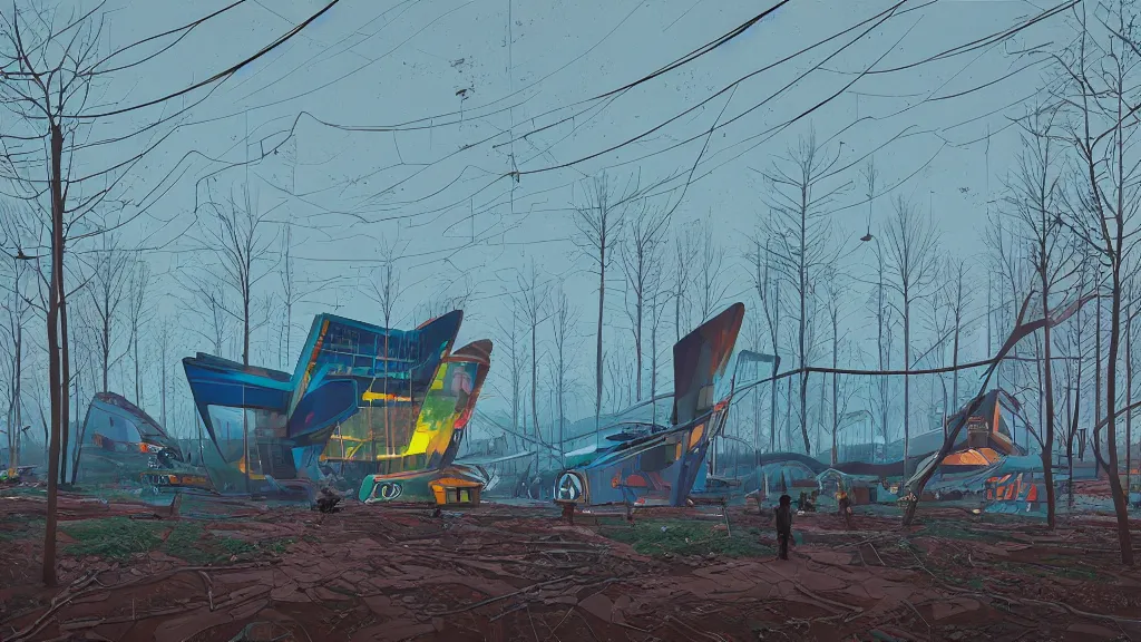 Prompt: painting by simon stalenhag and zaha hadid and dan mumford