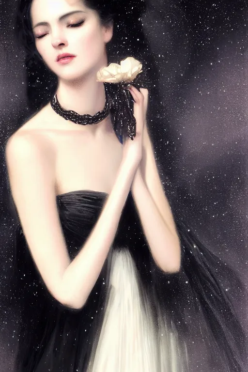 Image similar to Nocturne, glowing, stars, a long-legged elegant sultry woman, long black hair with white tips, pearl choker, highly detailed, mysterious, ethereal, dressed in black velvet, haute couture, illustration, dramatic lighting, soft details, painting, by Edmund Blair Leighton, Brom, Charlie Bowater, trending on artstation, faces by otto schmidt