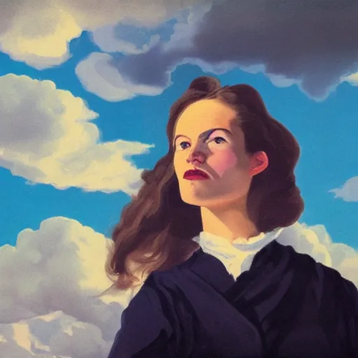 Image similar to close up of the face of a woman, clouds in background, dramatic lighting, painting by neo rauch, highly detailed