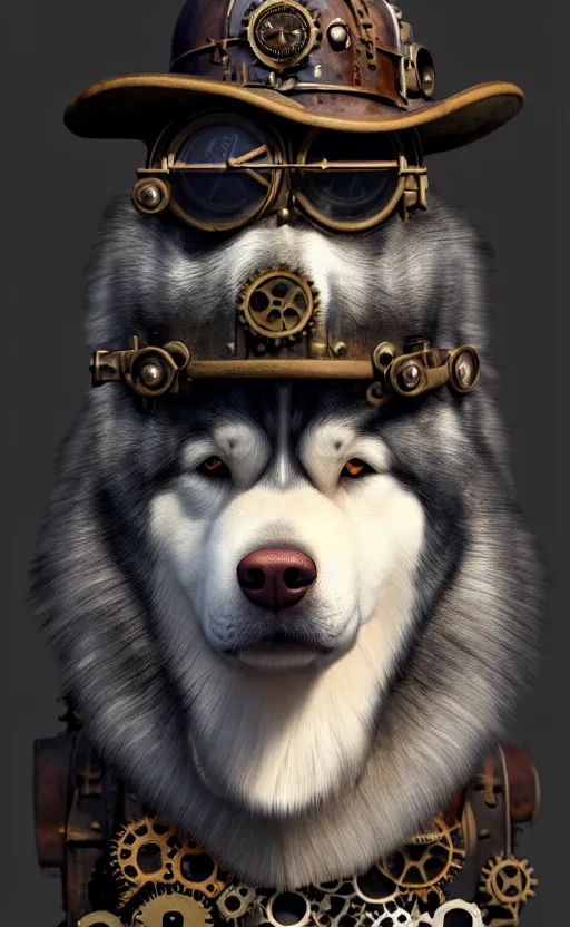 Prompt: hyper realistic ultra - detailed portrait of alaskan malamute face, steampunk hat with goggles and gears, upper body, detective coat, sharp focus, illustration, fantasy style, octane render, volumetric lighting, 8 k high definition, wide shot, by greg rutkowski, highly detailed, trending on art station