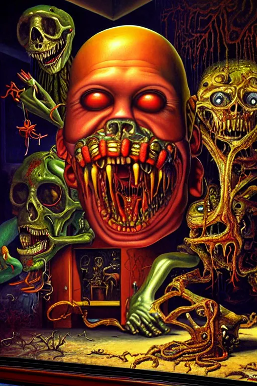 Image similar to a hyperrealistic painting of a lost treasure found being guarded by monstrosity, cinematic horror by jimmy alonzo, the art of skinner, chris cunningham, lisa frank, richard corben, highly detailed, vivid color,