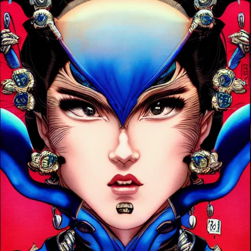 Prompt: portrait closeup of crazy chun li, symmetrical, by yoichi hatakenaka, masamune shirow, josan gonzales and dan mumford, ayami kojima, takato yamamoto, barclay shaw, karol bak, yukito kishiro