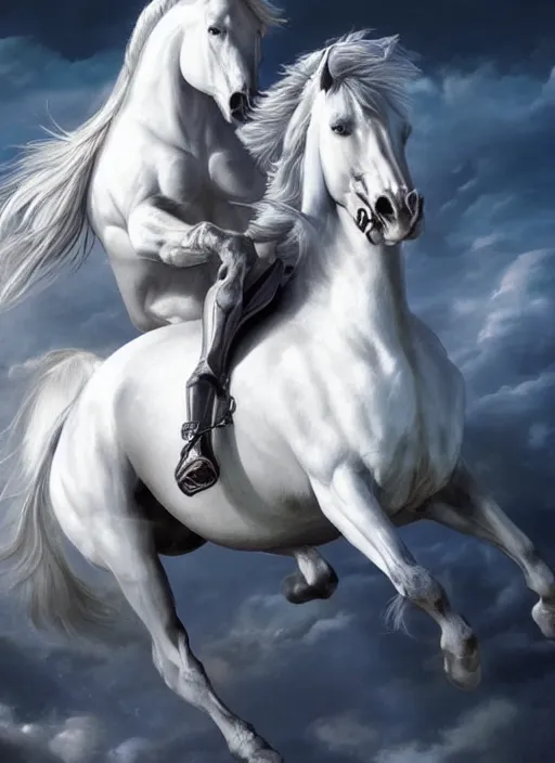 Image similar to the first horseman of the apocalypse riding a white stallion, horse is up on it's hind legs, the rider looks like jesus, ominous, beautiful, artwork by artgerm and rutkowski, breathtaking, dramatic