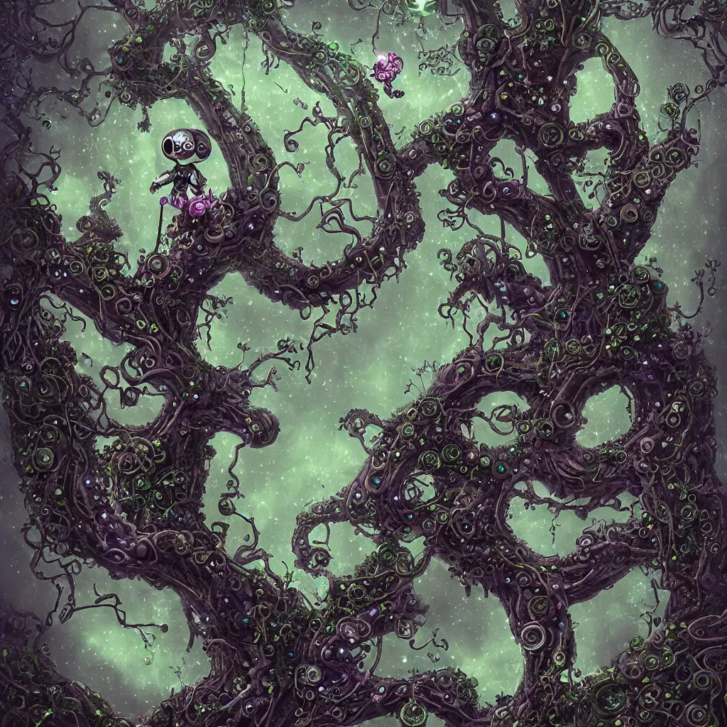 Prompt: Highly sophisticated microcosmic mechanical steampunk character with two robotic arms and two short mechanical legs and two (((glowing))) eyes in mystical forest with glowing algae in the tree trunks and vines hanging from the branches, haunted, creepy ambiance, desaturated, fog, sharp focus, magical, refined, beautiful, eerie, artsy