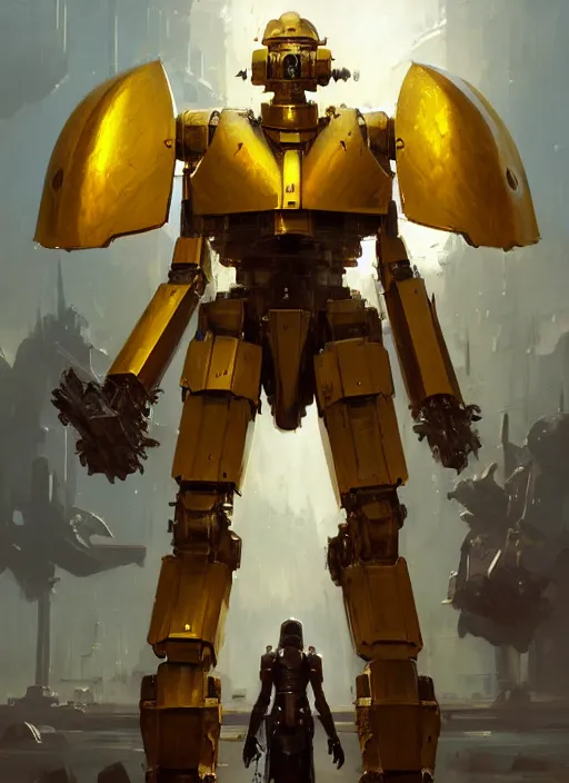 Prompt: human-sized strong intricate yellow pit droid carrying beautiful paladin greatsword and beautiful large paladin shield, pancake short large head, exposed metal bones, painterly humanoid mecha, by Greg Rutkowski