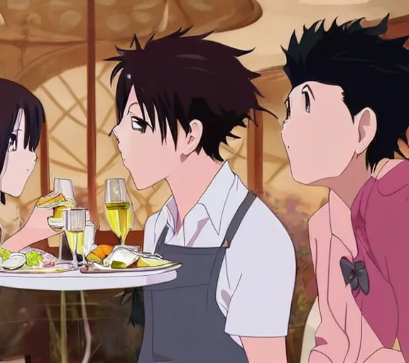 Image similar to A girl and her boyfriend are eating at a fast luxurious restaurant, there are pink hearts around their heads, anime art, hd, smooth, elegant, Studio Ghibli
