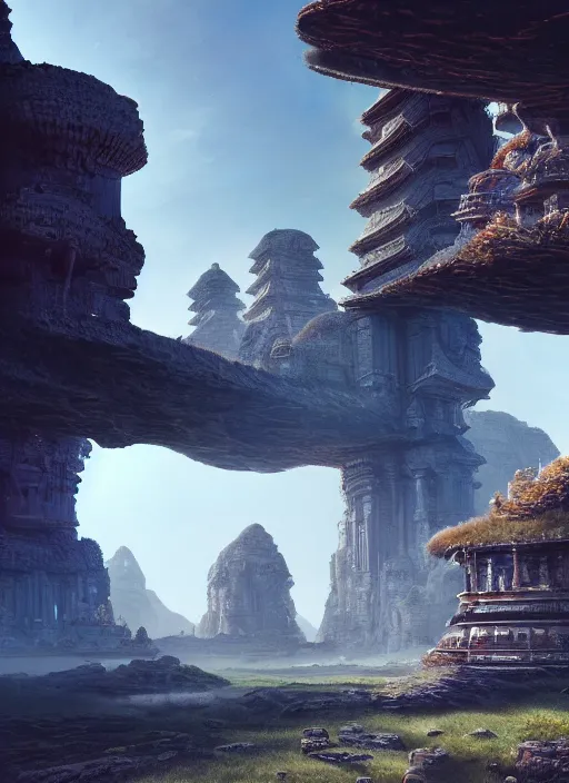 Image similar to landscape of futuristic ancient temples, magical, detailed terrain, ultra realistic, cinematic lighting, depth of field, trending on artstation