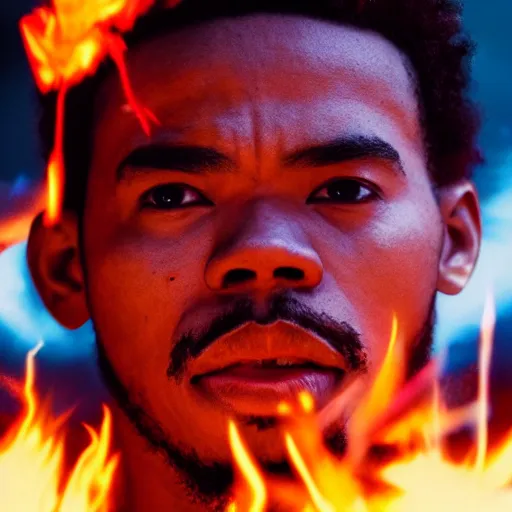 Image similar to cinematic film still of Chance The Rapper starring as a Samurai holding fire, close up, Japanese CGI, VFX, 2022, 40mm lens, shallow depth of field, film photography