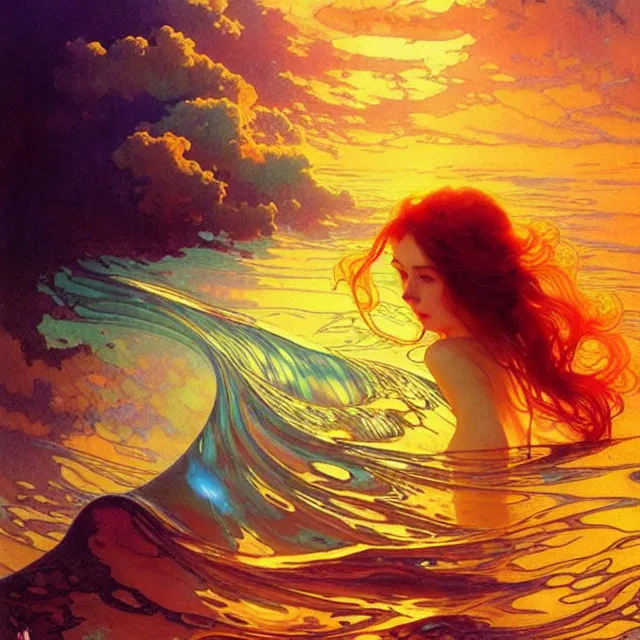 Prompt: mind bending ocean waves of glossy liquid psychedelic honey drops flowing like psychedelic translucent amber, lsd waves, lsd ripples, backlit, sunset, refracted lighting, art by collier, albert aublet, krenz cushart, artem demura, alphonse mucha