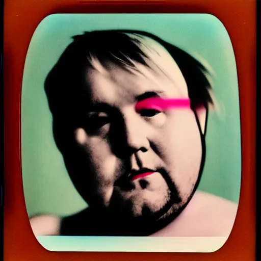 Image similar to color polaroid portrait of a fat man as taken by andy warhol. photography, instant photography, color accurate, photographer, film, integral print, studio