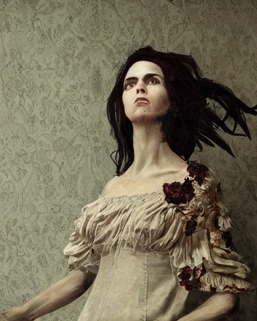 Image similar to a beautiful and eerie baroque painting of a beautiful but serious woman in layers of fear, with haunted eyes and dark hair piled on her head, 1 9 7 0 s, seventies, floral wallpaper, wilted flowers, morning light showing injuries, a little blood, delicate ex embellishments, painterly, offset printing technique