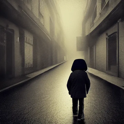 Image similar to A small child a yellow rain coat obscuring his face walking alone in a dark alley,it is raining heavily, scary atmosphere,gloomy lighting, digital art , highly detailed , high contrast, beautiful lighting, award winning , trending on art station, 8k, photo realistic