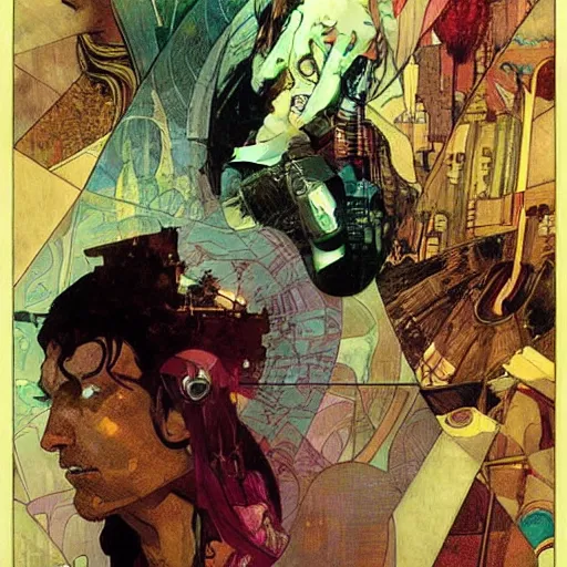 Image similar to cyberpunk dreaming by dave mckean and alphonse mucha and bill sienkiewicz