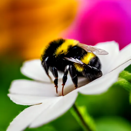 Image similar to bumble bee made of flowers, pedicel legs, flower petal wings, sits on a finger, 5 0 mm lens, f 1. 4, sharp focus, ethereal, emotionally evoking, head in focus, volumetric lighting, blur dreamy outdoor, inspired by giuseppe arcimboldo
