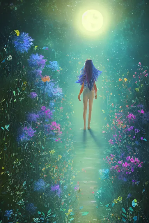 Prompt: beautiful digital matter cinematic painting of whimsical botanical illustration blue flowers moon enchanted dark background, whimsical scene by greg rutkowki and alena aenami artstation