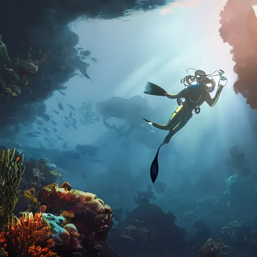 Image similar to scuba diver underwater, beautiful dynamic lighting, cinematic, wide angle establishing shot, extremely high detail, photo realistic, cinematic lighting, post processed, concept art, artstation, matte painting, style by frederic church, raphael lacoste, unreal engine 8k