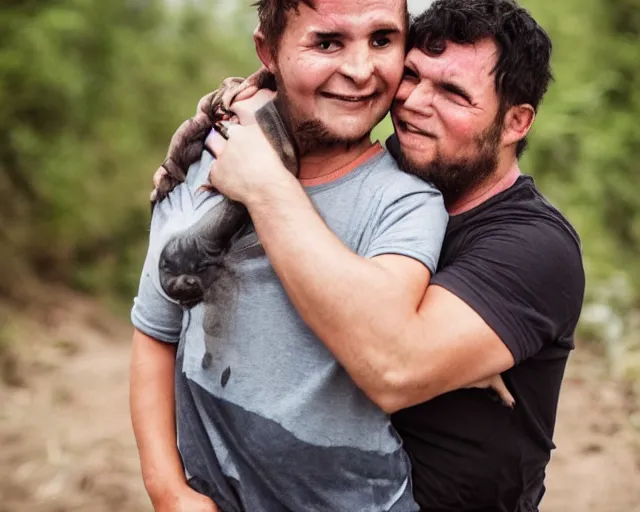 Image similar to Orc woman carrying human man in her arms, happy couple photograph