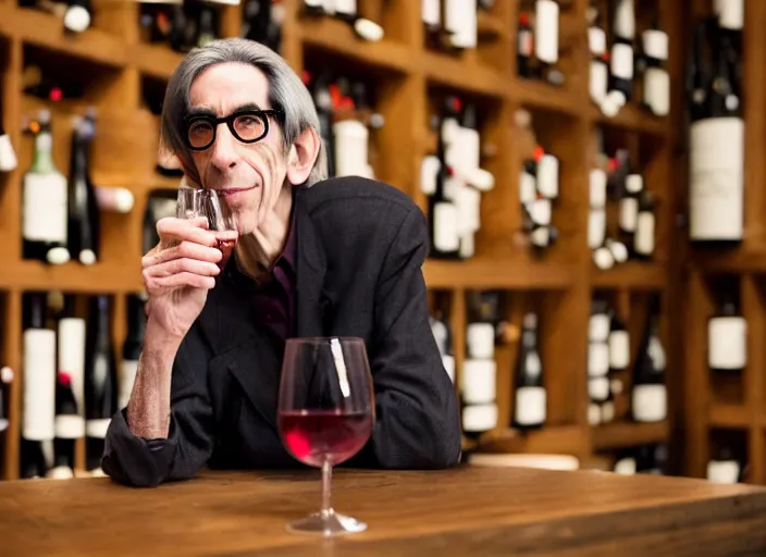 Prompt: photo of richard belzer enjoying a nice glass of wine in a wine cellar, 8 k, 5 2 mm, f 1. 8
