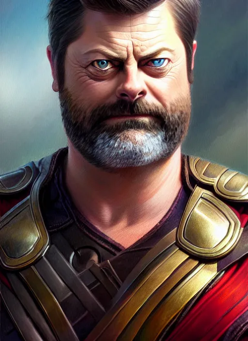 Prompt: portrait of nick offerman as thor, eyepatch, muscular, fantasy, intricate, elegant, highly detailed, digital painting, artstation, concept art, smooth, sharp focus, illustration, art by artgerm and greg rutkowski and alphonse mucha