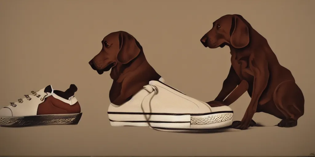 Image similar to smoking brown dog with sneakers, as a matte oil painting