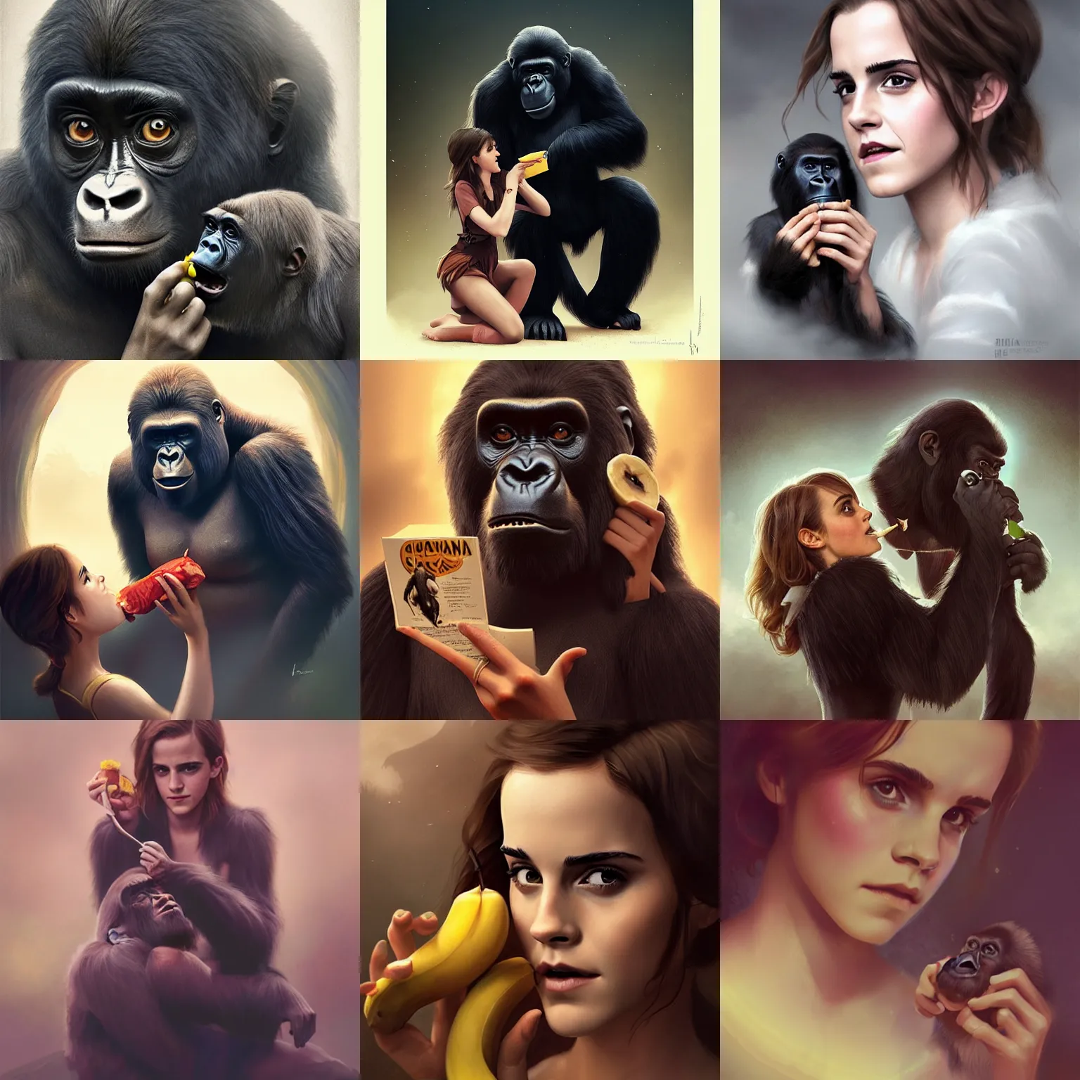 Prompt: Emma Watson with a gorilla while she eats a banana from the gorillas hand, Charlie Bowater, Tom Bagshaw, artstation, golden ratio, artgem, cinematic lighting, cgsociety, cinematic