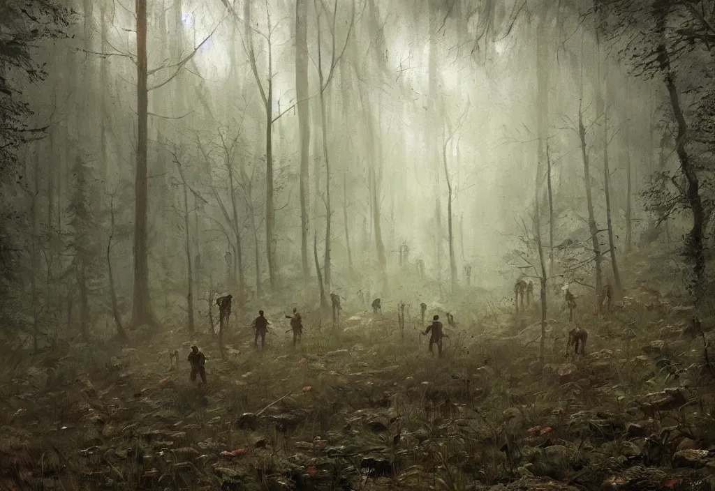 Prompt: zombies in a dense forest, artstation, jakub rozalski, high detail, dramatic lighting, night, rain