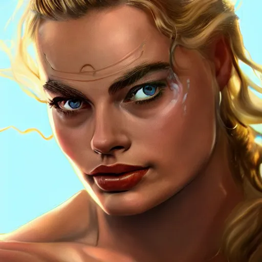 Prompt: margot robbie as a beautiful greek god, highly detailed, detailed face, digital art, trending on artstation