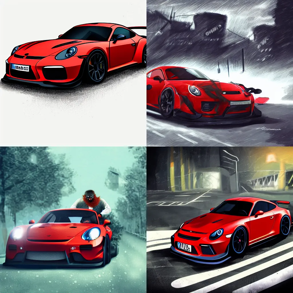 Prompt: A red bearded guy driving a GT3S, digital art, trending on Artstation