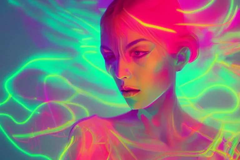Prompt: wide wide photo of beautiful woman (((neon lighting)) in chromatic lsd sprititual lake with glowing birds, elegant, highly detailed, smooth, sharp focus, illustration, beautiful, geometric, trending on artstation, cinematic, artwork by WLOP