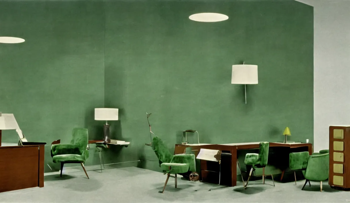 Image similar to a still of severance series indoor 7 0 s green velvet and wood with metal furniture office scenario appearing in a film of jacques tati, in movie playtime ( 1 9 6 7 ) color