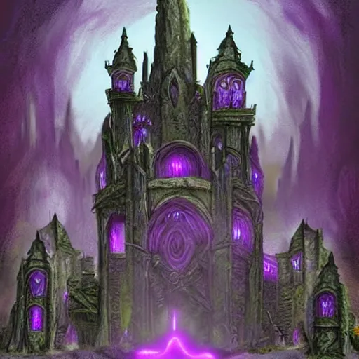 Prompt: underground fortified neo - gothic dark elf city, temples, fortresses, purple fey lights, underground black stone landscape, horrific, horror,