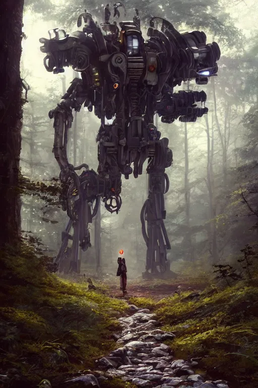 Image similar to A small character standing before a giant mechanical robpt in the forest by Greg Rutkowski, Sung Choi, Mitchell Mohrhauser, Maciej Kuciara, Johnson Ting, Maxim Verehin, Peter Konig, final fantasy , 8k photorealistic, cinematic lighting, HD, high details, atmospheric,