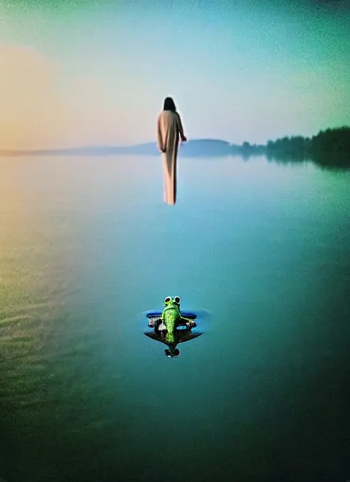 Image similar to “frog in jesus christ pose vertically hovering above calm lake waters, distant misty forest horizon, low angle shot, long cinematic shot by Andrei Tarkovsky, paranormal, eerie, mystical”