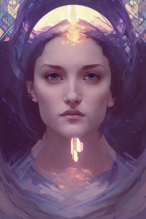 Image similar to bright cube above a portrait of a beautiful dark mystical woman, ice blue eyes, artstation, concept art, smooth, sharp focus, illustration, art by artgerm and greg rutkowski and alphonse mucha and william - adolphe bouguereau