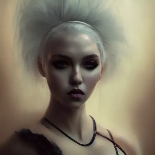 Image similar to a beautiful portrait of kerli koiv with bubble goth makeup, a detailed painting by greg rutkowski and raymond swanland, featured on cgsociety, fantasy art, detailed painting, artstation hd, photorealistic