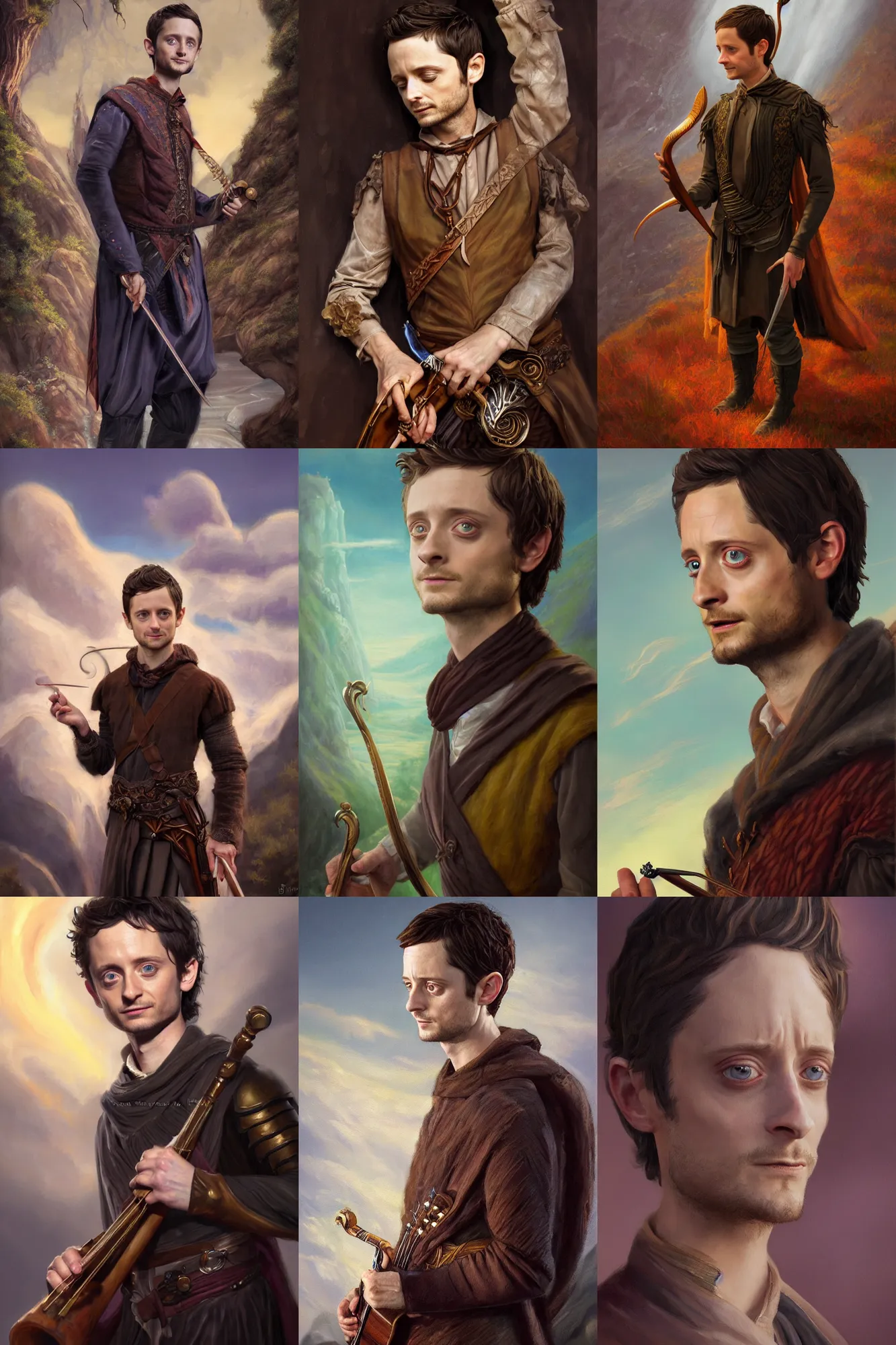 Prompt: a full body high detail fantasy portrait oil painting illustration of elijah wood as an elegant male bard by justin sweet with face and body clearly visible, in a scenic background, visible pupils, realistic proportions, d & d, rpg, forgotten realms, artstation trending, high quality, sombre mood, artstation trending, muted colours, entire person visible!