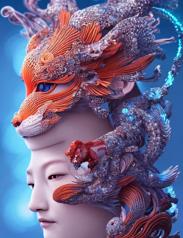 Prompt: 3 d goddess close - up profile portrait. beautiful intricately detailed japanese autumn fox mask and clasical japanese kimono. betta fish, jellyfish phoenix, bio luminescent, plasma, ice, water, wind, creature, artwork by tooth wu and wlop and beeple and greg rutkowski