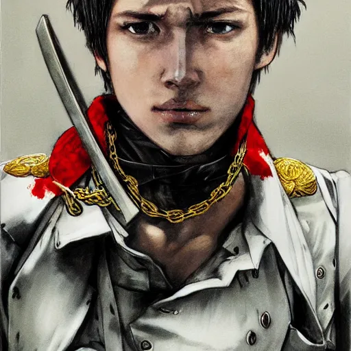 Image similar to portrait of a young white hero using his right arm to hold his sword covering his eye by yoji shinkawa, high quality, extra details, realism, ornate, colored, golden chain, blood, white skin, short hair, brown eyes, vivid, sunlight, dynamic, american man, red headband, white american soldier, painting, cybernetics, military