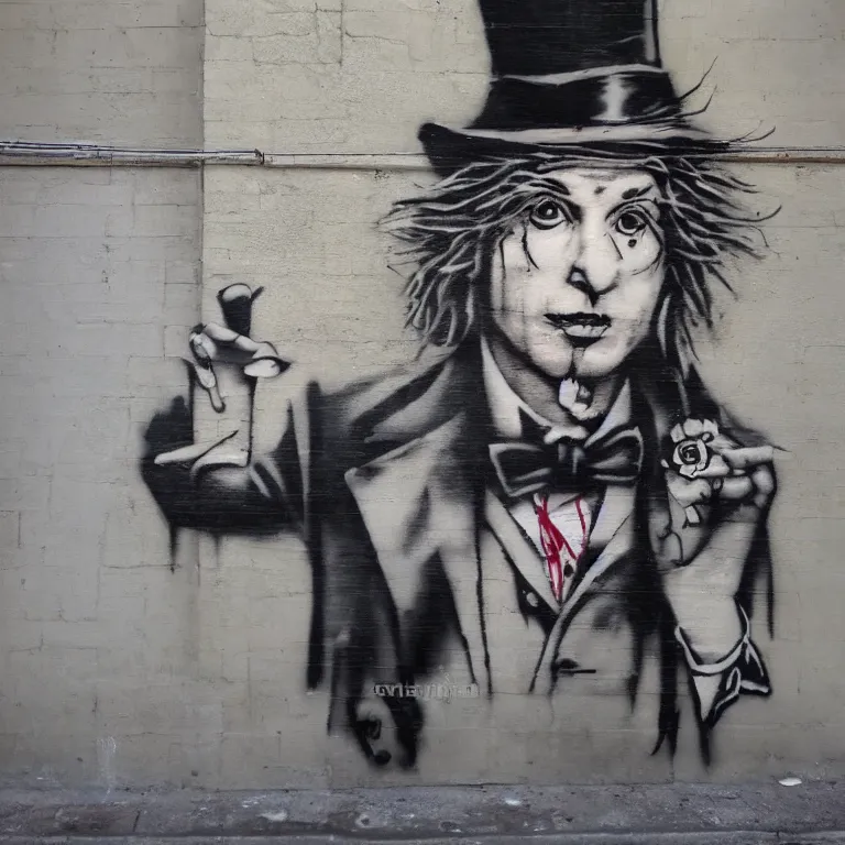 Prompt: Street-art portrait of the Hatter in style of Banksy, photorealism