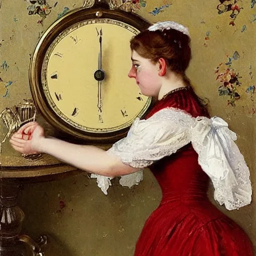 Image similar to young victorian lady curiously examining a mechanical clock, painted by alfred stevens