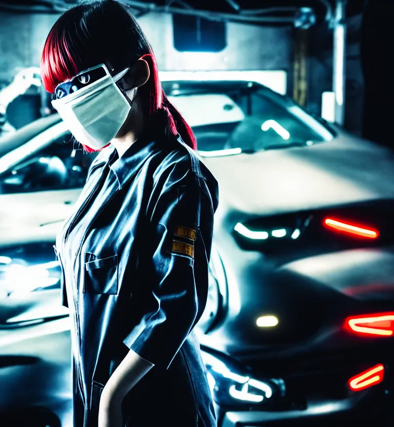 Image similar to a photo close up a female mechanic standing next to cyberpunk car,, wearing mask, cyberpunk garage, cyberpunk gunma prefecture, midnight, photorealistic, cinematic color, studio lighting, highly detailed, bokeh, style by tomino - sama