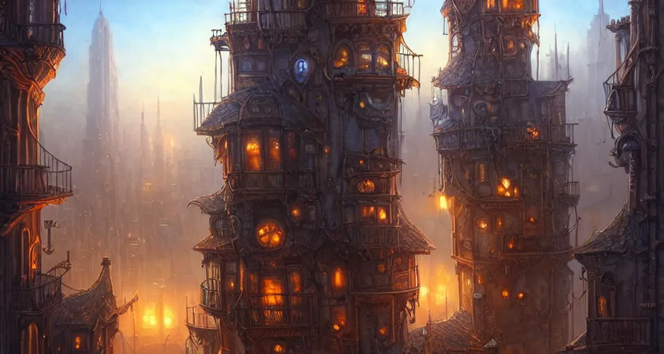 Image similar to landscape painting of fantasy metal steampunk city that has a light blue glow with walkways and lit windows and you can very clearly see a fine detailed very visible and clearly defined hooded thieves in browns leathers climbing one of the tall buildings using a rope, fine details, magali villeneuve, artgerm, rutkowski